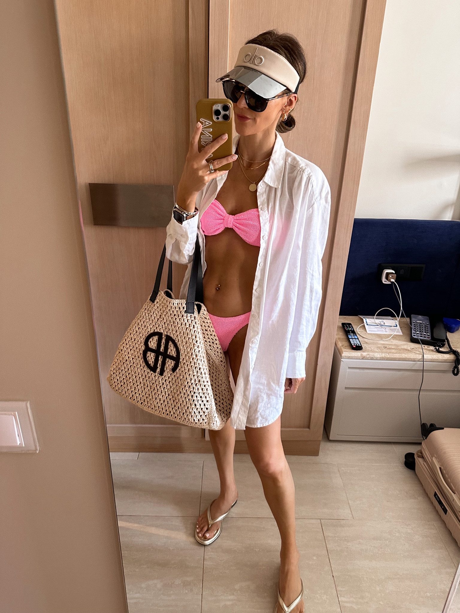 Easy beach outfit for an easy day - this suit is adorable and o/s fits all! Lots of stretch! Oversized linen shirt is also a summer must. I snagged these gold jcrew things a while back and so glad, they’re cute and comfy and go with everything. 

#LTKitbag #LTKswim #LTKstyletip