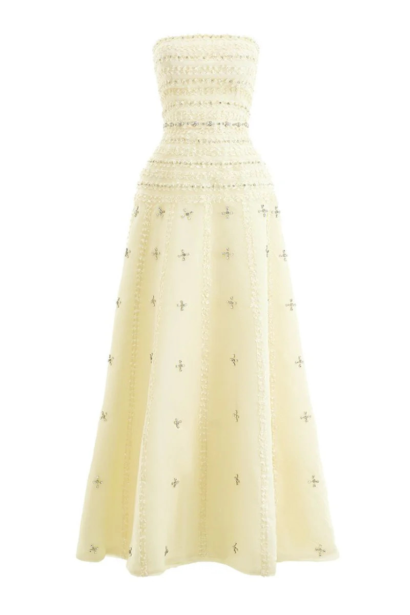 CULT MIA X HAPPY CLOTHING TERRY STRAPLESS STONE ORGANZA MAXI DRESS IN LIGHT YELLOW | HAPPY CLOTHI... | CULT MIA UK LTD