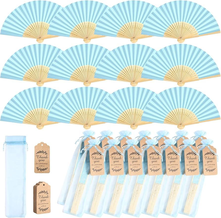 Roowest 50 Pack Handmade Paper Folding Fans with Gift Bags Thank You Card, Bamboo Handheld Folded... | Amazon (US)