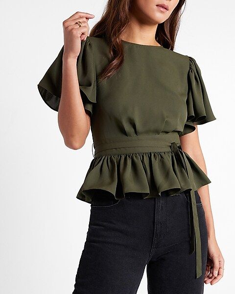 Flutter Sleeve Tie Waist Peplum Top | Express