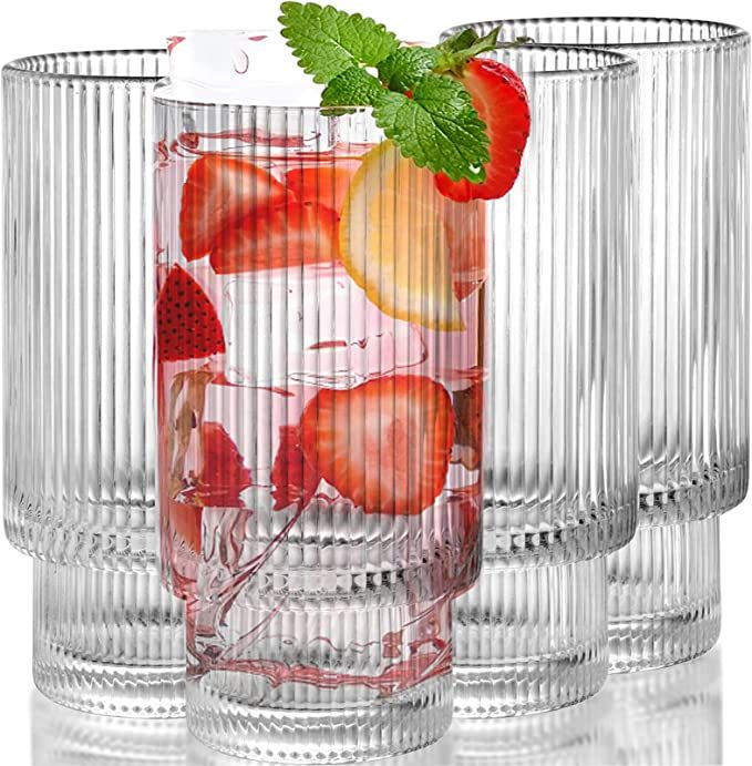 DEAYOU 4-Pack Highball Glasses, 10 OZ Clear Tall Drinking Glasses for Cocktail, Juice, Ribbed Gla... | Amazon (US)