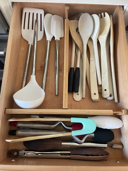 Expandable drawer dividers can be used in any drawer of the house. Here we used the natural bamboo divider to match the drawers. We love them for both the kitchen gadget and utensil drawers.

#LTKhome #LTKfamily