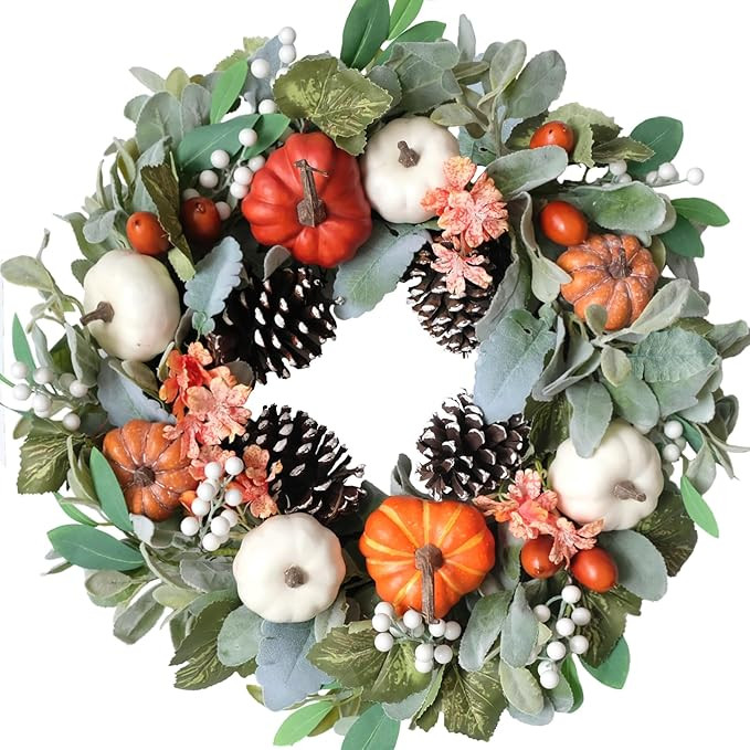 Fall Wreath With Pine Cones Berries Acorn Lamb Ear Leaves for Front Door,22 inche Rustic Farmhous... | Amazon (US)