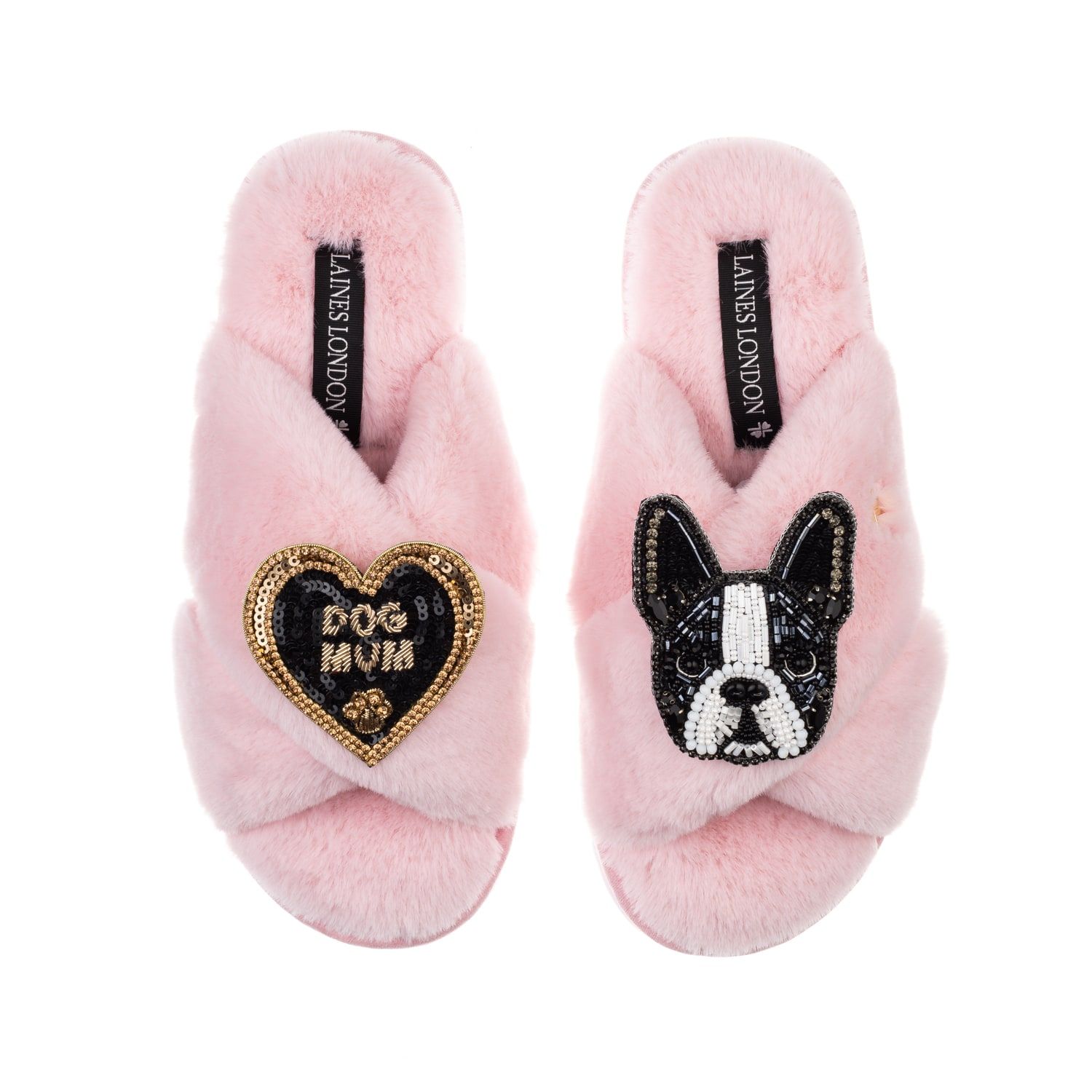 Classic Laines Slippers With Buddy The Boston Terrier & Dog Mum Brooches - Pink | Wolf & Badger (US)