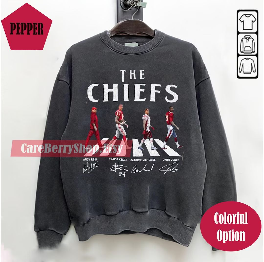 Chiefs Walking Abbey Road Signatures Football sweatshirt, Andy Reid, Travis Kelce, Patrick Mahome... | Etsy (US)
