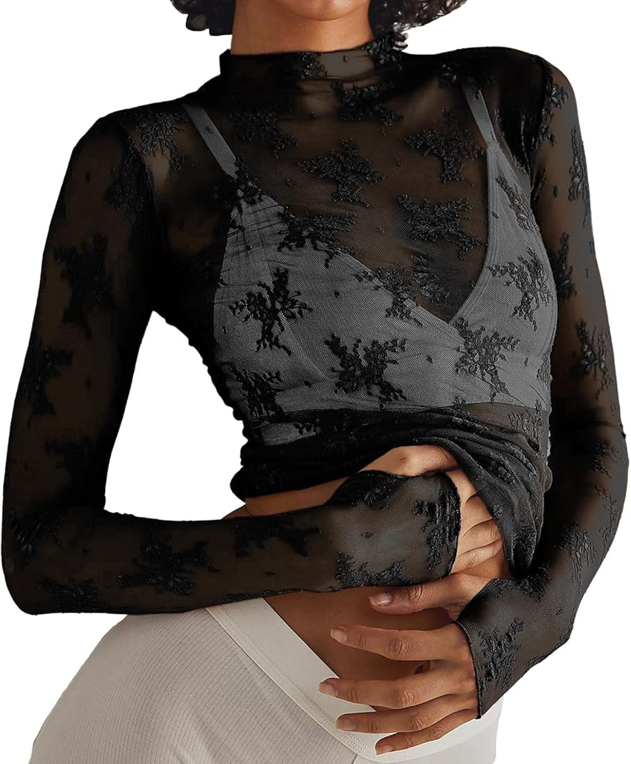 Knstol Mesh Sexy Tops for Women Lace Long Sleeve Tops Floral Sheer Blouse See Through Layering Sh... | Amazon (CA)