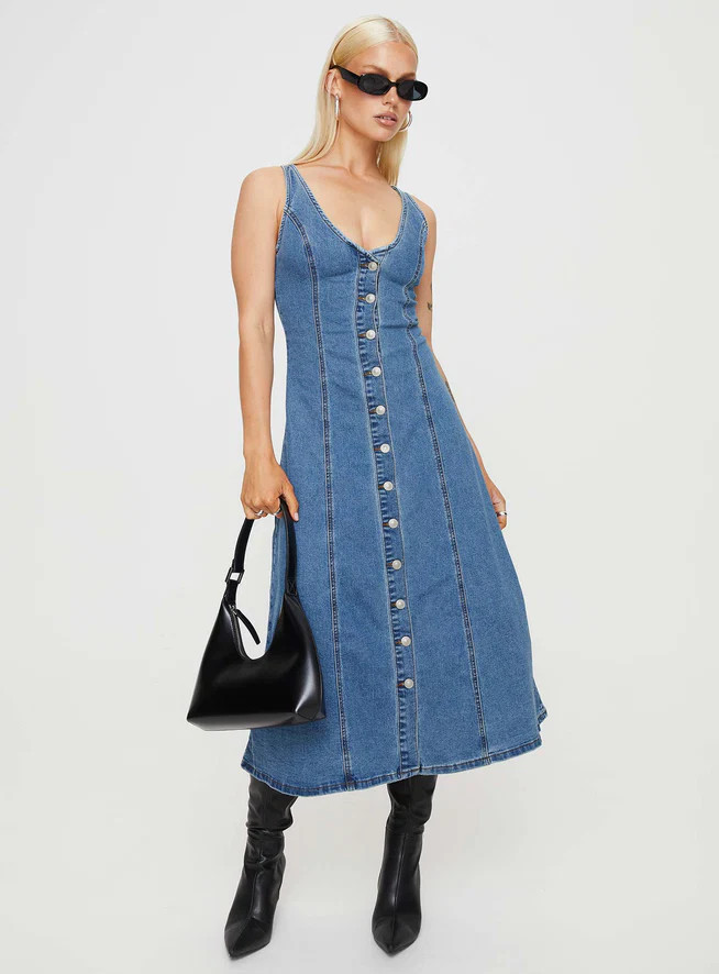 Midler Denim Midi Dress Mid Blue | Princess Polly US