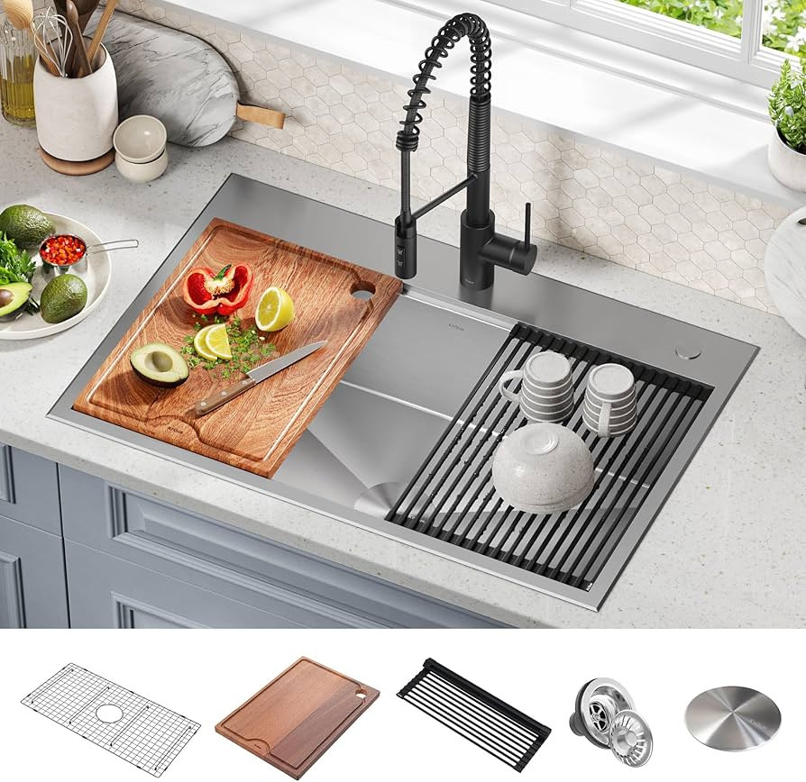 KRAUS Kore 33-in Drop-In Workstation 16 Gauge Stainless Steel Single Bowl Kitchen Sink with Acces... | Amazon (US)