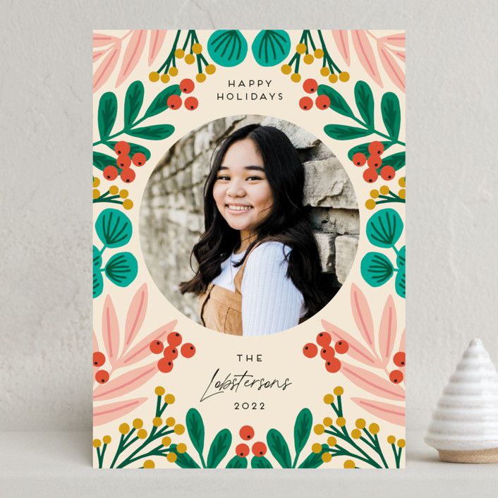 "Drawn Foliage" - Customizable Holiday Photo Cards in Beige by Genna Blackburn. | Minted