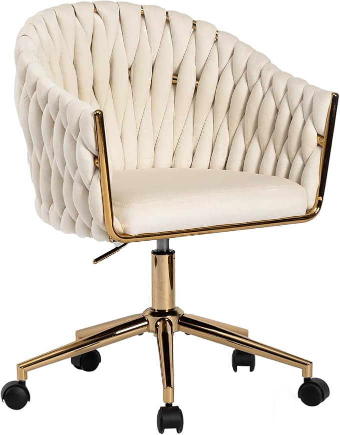 Velvet Office Chair with Hand Woven, Beige Vanity Desk Chairs with Golden Wheels, 360° Swivel Ho... | Amazon (US)