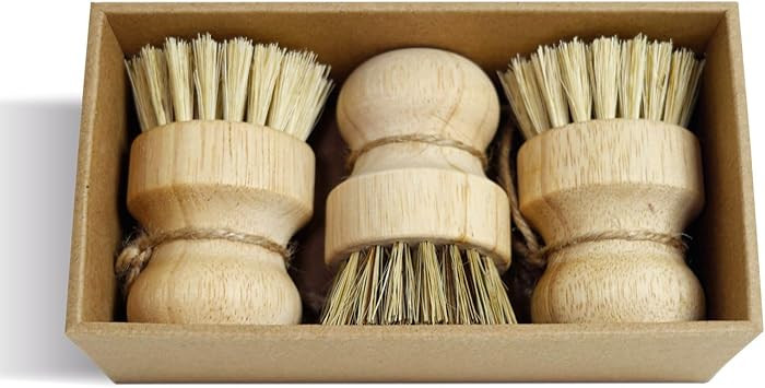 Bamboo Pot & Pan Cleaning Brush Set - 3 Pack Natural Dish Brushes Bamboo Scrub Dish Brushes, Dura... | Amazon (US)