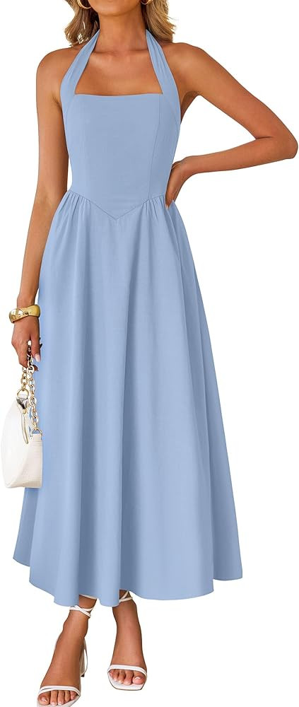 ZESICA Women's Summer Sleeveless Halter Midi Dress 2025 Off Shoulder High Waist Swing Flowy Beach... | Amazon (US)