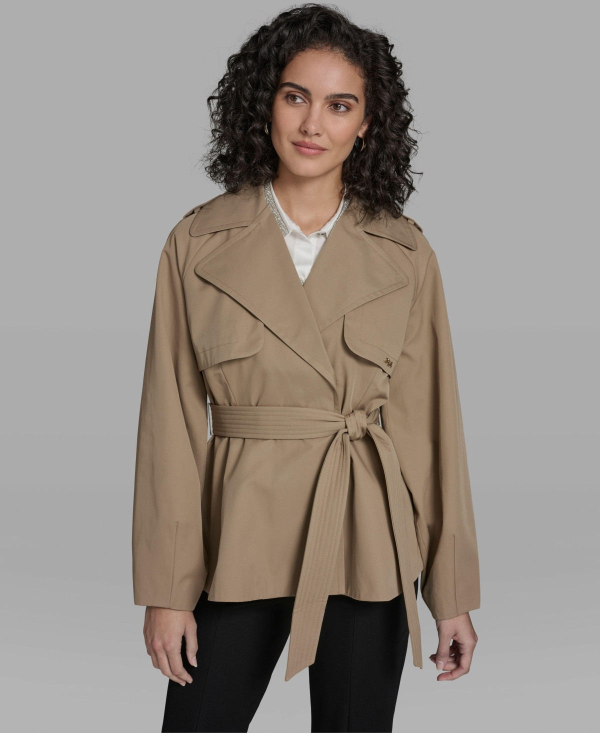 Karl Lagerfeld Paris Women's Short Flared Trench Coat - Khaki | Macy's