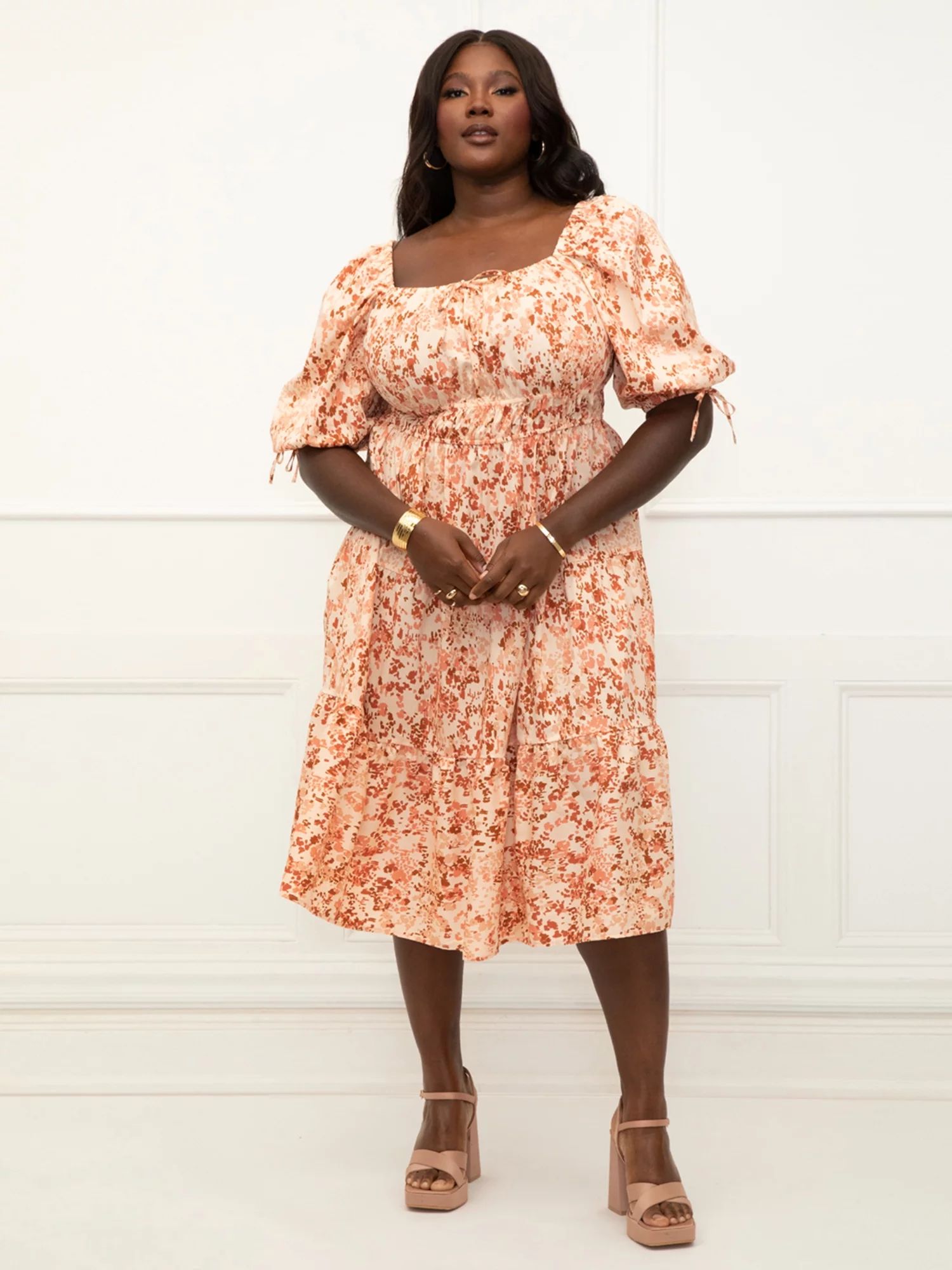 ELOQUII Elements Women's Plus Size Tiered Fit and Flare Midi Dress | Walmart (US)