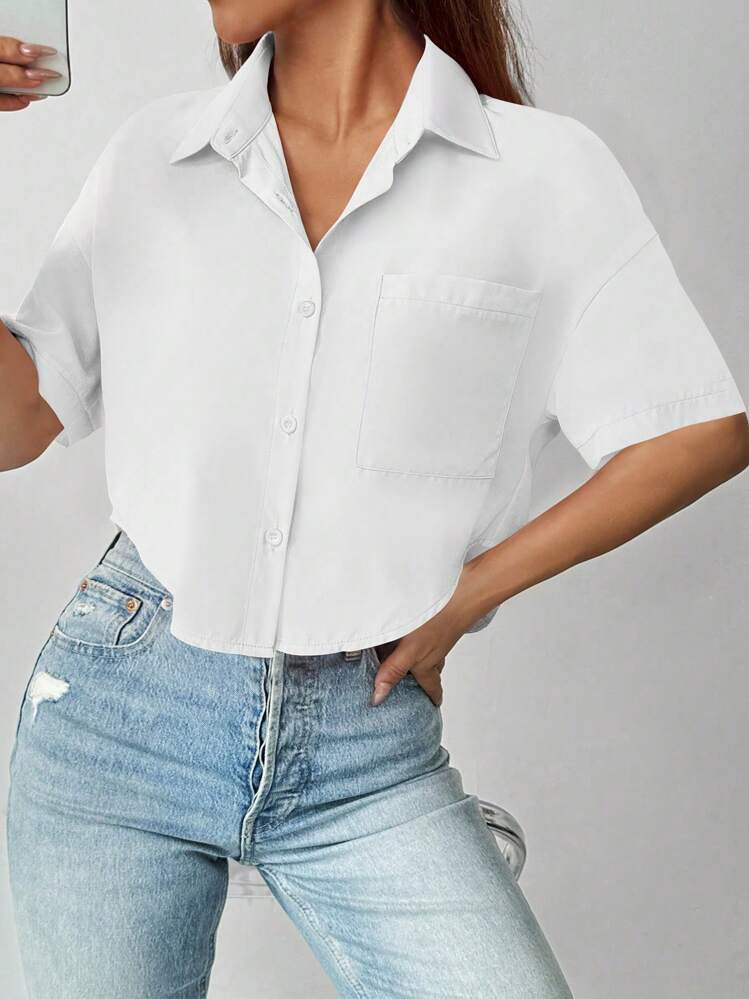 SHEIN LUNE Solid Button Front Drop Shoulder Shirt For Summer,Short Sleeve Tops | SHEIN