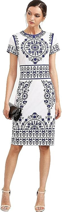 Floerns Women's Porcelain Print Work Sheath Business Pencil Dress | Amazon (US)
