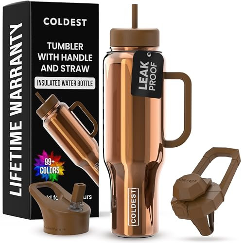 Coldest 40 oz Tumbler with Handle and Straw, 100% Spill Proof Tumbler with Straw (3 Lids), Stainless Steel Insulated Leakproof Tumblers for Women & Men, Cup Holder Friendly, 46 oz (Gold Reflections) | Amazon (US)