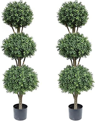 Two 56 Inch Outdoor Artificial Boxwood Triple Ball Topiary Trees Potted Plants Artificial topiari... | Amazon (US)