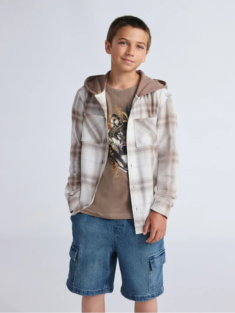 Weekend Academy Boys Hooded Flannel Shacket, Sizes 4-18 | Walmart (US)