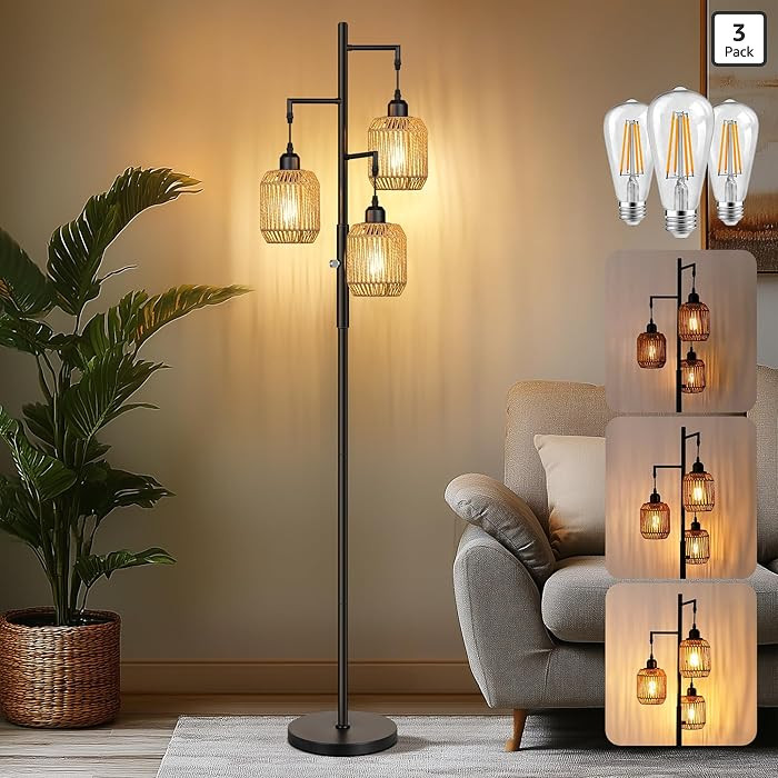 ROTTOGOON Dimmable Boho Floor Lamp - 3 Light Farmhouse Rattan Floor Lamp for Living Room, Industr... | Amazon (US)