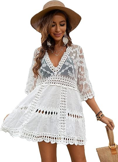 Floerns Women's Contrast Lace V Neck Cover Up Bikini Beach Dress Bathing Suit | Amazon (US)