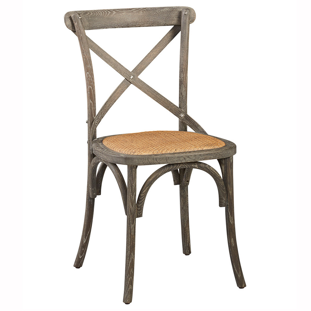 Maze Grey Oak Wood Brown Woven Rattan Metal Cross Back Dining Side Chair | Kathy Kuo Home