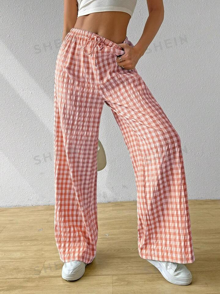 SHEIN EZwear Pink Plaid Woven Wide Leg Pants For Women | SHEIN