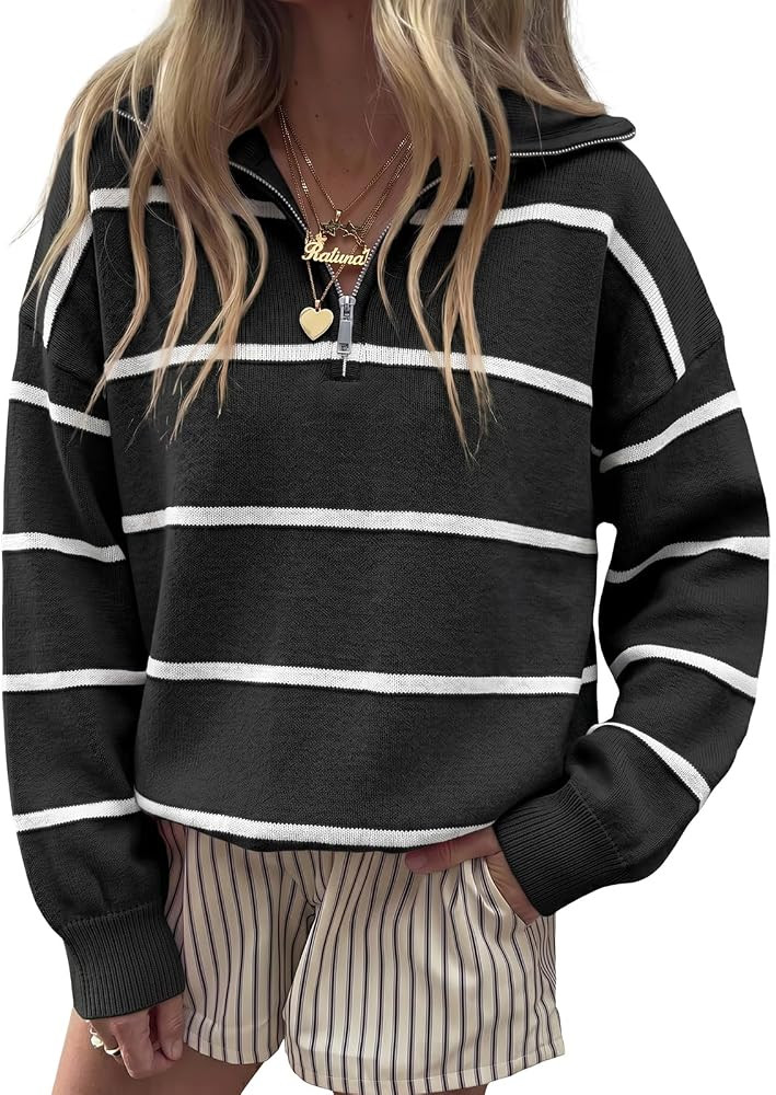 Fisoew Womens Quarter Zip Striped Sweater Oversized Turtleneck Pullover Top | Amazon (US)