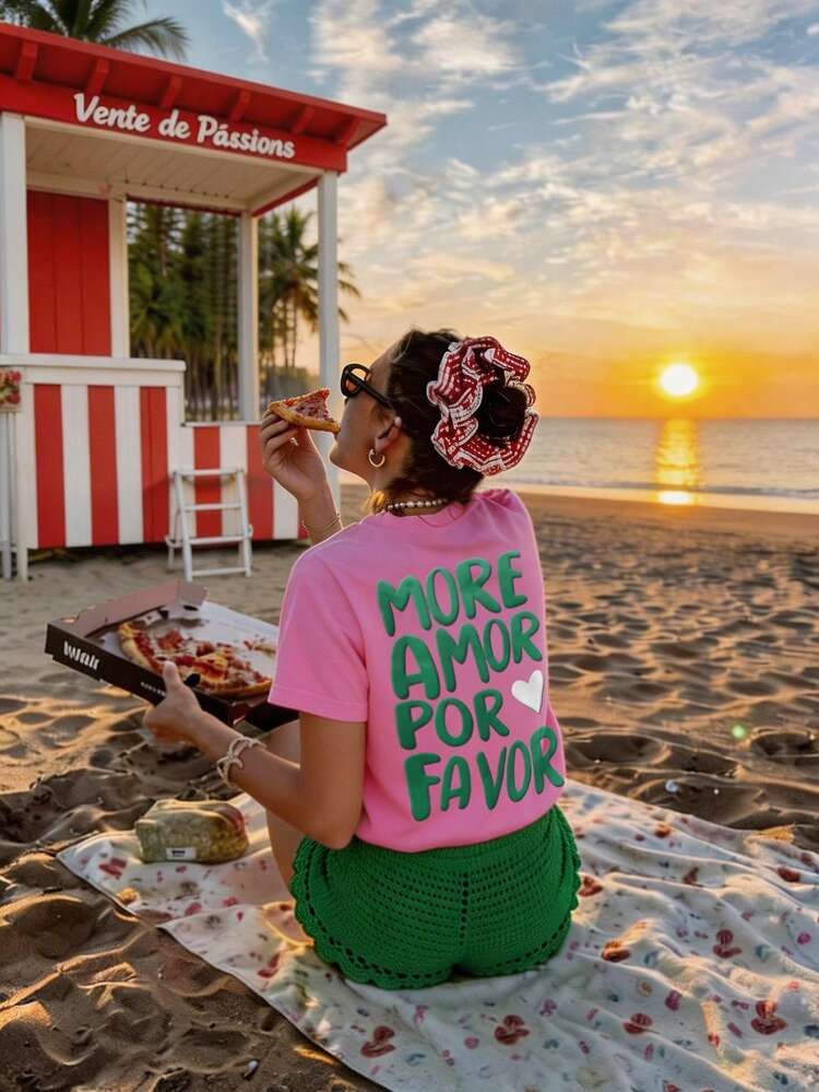 DrmWander Vacation,Spring,Resort Wear Women,Spring Girls T-Shirt More Amor Por Favor Shirt Pink Graphic Tee Heart Graphic Tee | SHEIN