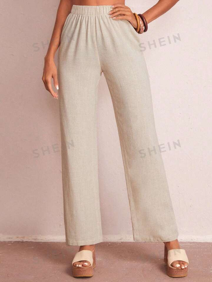 SHEIN LUNE Elastic Waist Solid Wide Leg Pants | SHEIN
