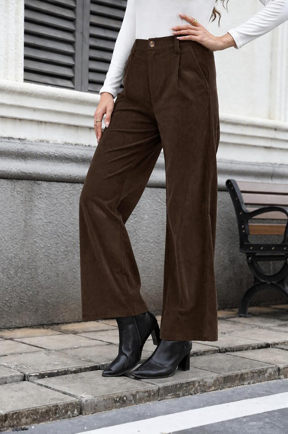 Corduroy Pants Women Elastic Waist Wide Leg Straight Pant with Pocket | Amazon (US)