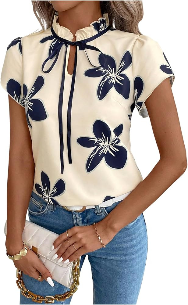 Verdusa Women's Floral Ruffle Tie Neck Dressy Blouses Short Sleeve Tops Elegant Work Shirts | Amazon (US)
