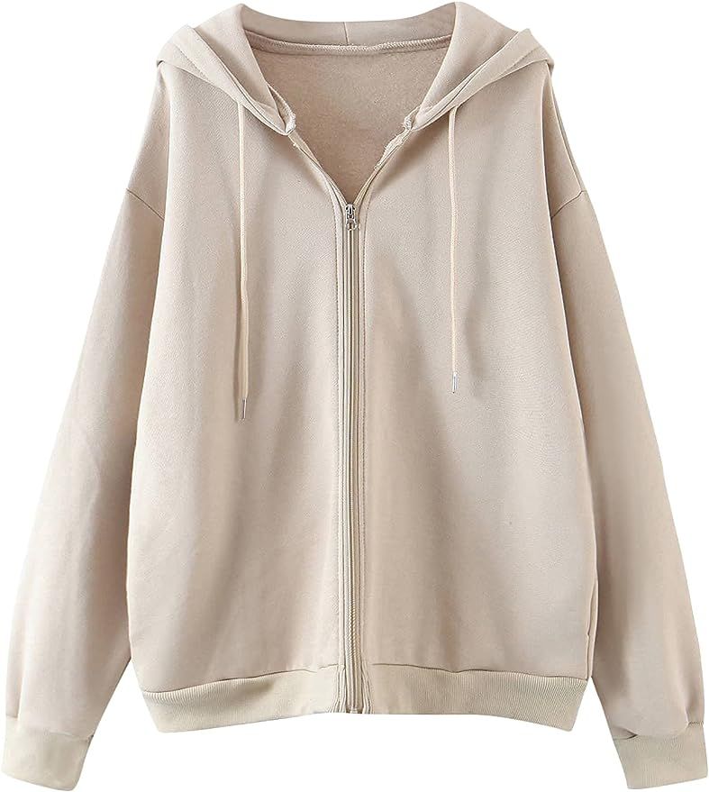 Qlarnaweer Women's Solid Long Sleeve Oversize Zip Up Hoodie Drawstring Sweatshirt | Amazon (US)