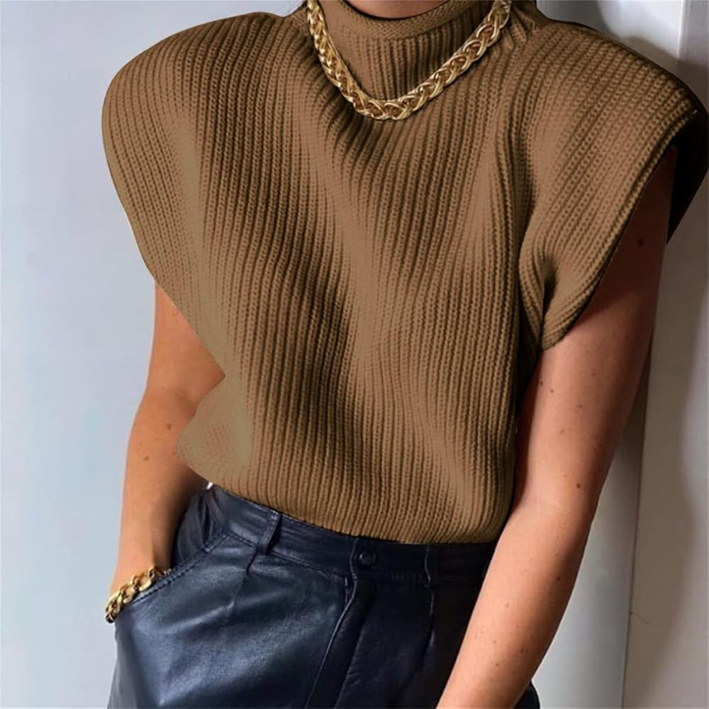 Zempertoopa Women’s Knitted Turtleneck Sweater Vest Sleeveless Shoulder Pads Tank Top Casual Fall Wi | Amazon (US)