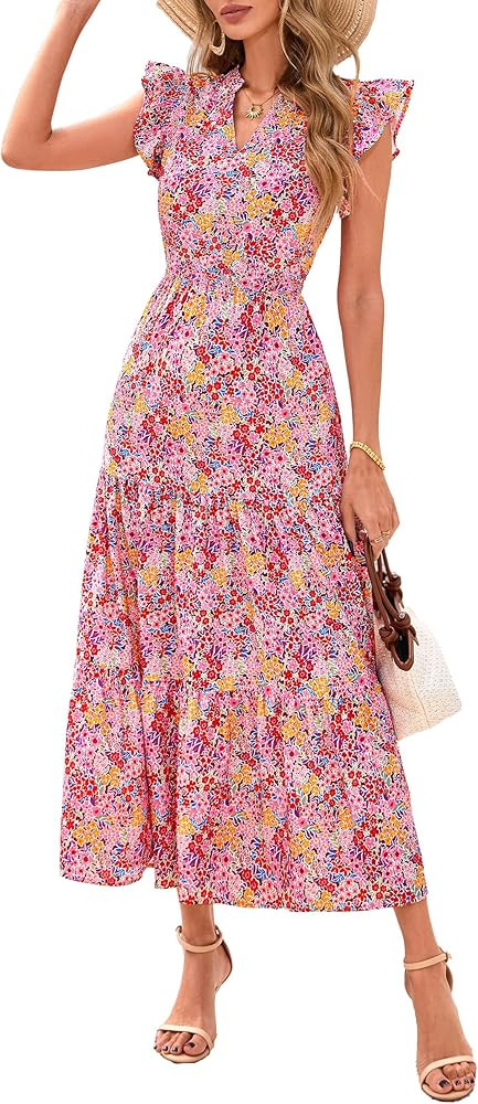 PRETTYGARDEN Women's 2026 Summer Floral Midi Dress Cap Sleeve V Neck Ruffle Long Flowy Boho Casua... | Amazon (US)