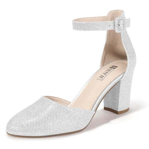 IDIFU Silver Heels Pumps High Chunky Block Closed Toe Heels for Women Dressy Wedding Bridal Homecoming Party Prom Work Shoes Comfortable Cute Ankle Strap Sparkly Dress Shoes(Silver Glitter, 6.5) | Amazon (US)