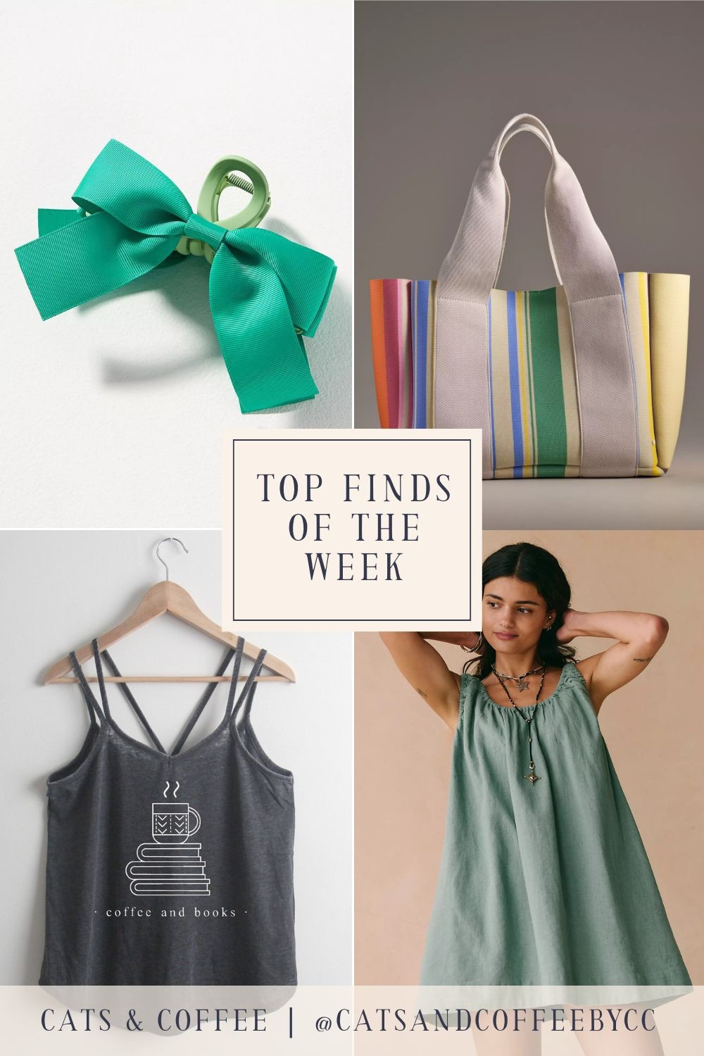 Four Top Finds of the Week: a cute and handy hair clip to keep your hair out of your face, a pretty Anthropologie tote bag for whatever you have planned this summer, a lightweight bookish tank from Etsy, and a flowy Free People dress you'll love all season!

#LTKItBag #LTKSummerEdit #LTKPetite