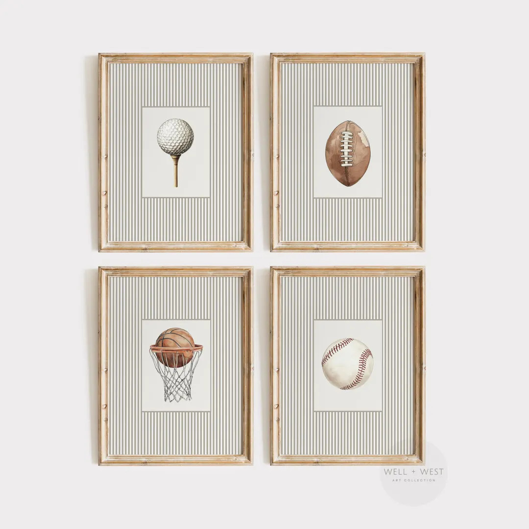 Set of Four Sports Ball Prints | Vintage Style Illustration | Baseball, Football, Golf, Basketbal... | Etsy (US)
