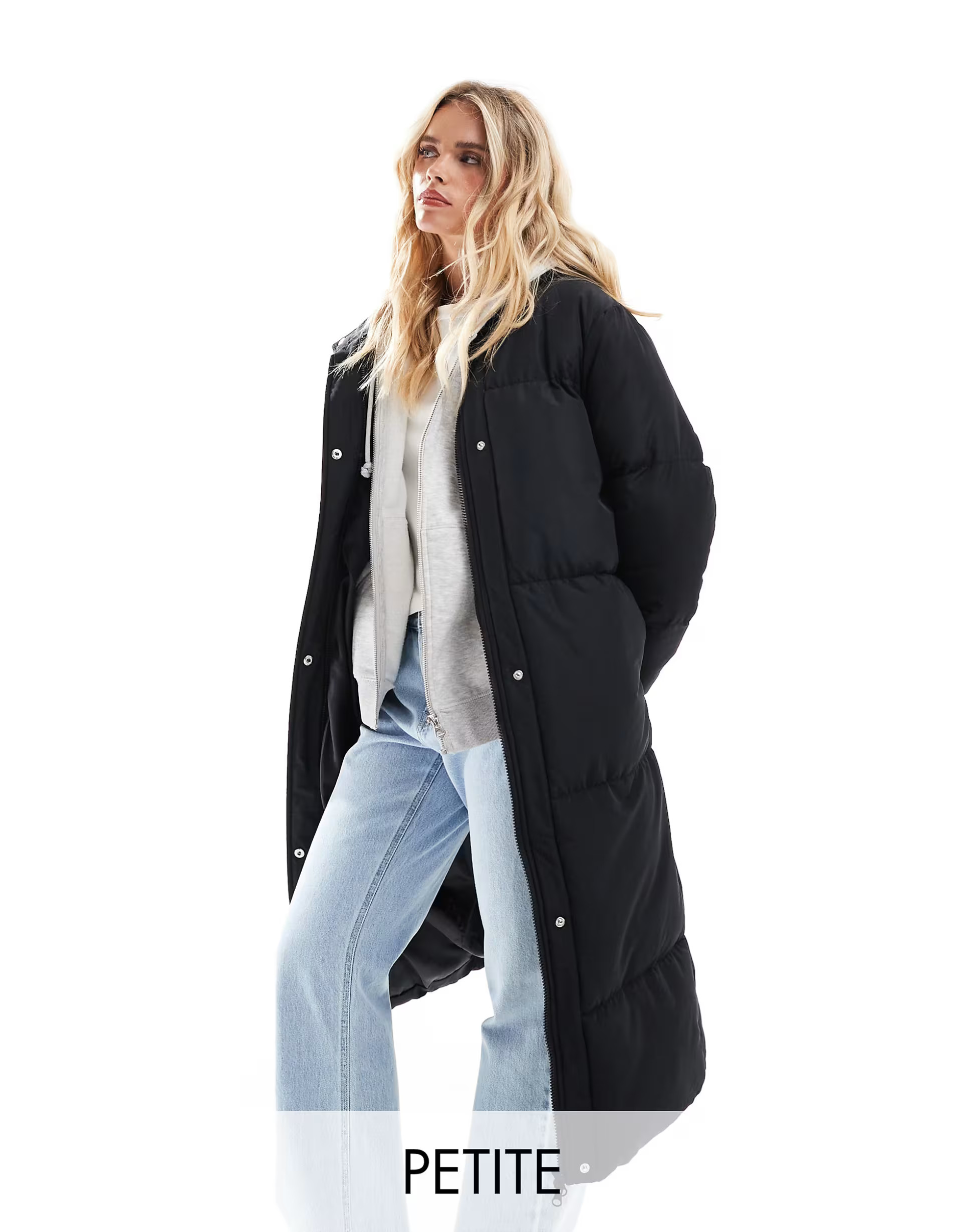 Threadbare Petite maxi puffer coat with hood in black | ASOS (Global)