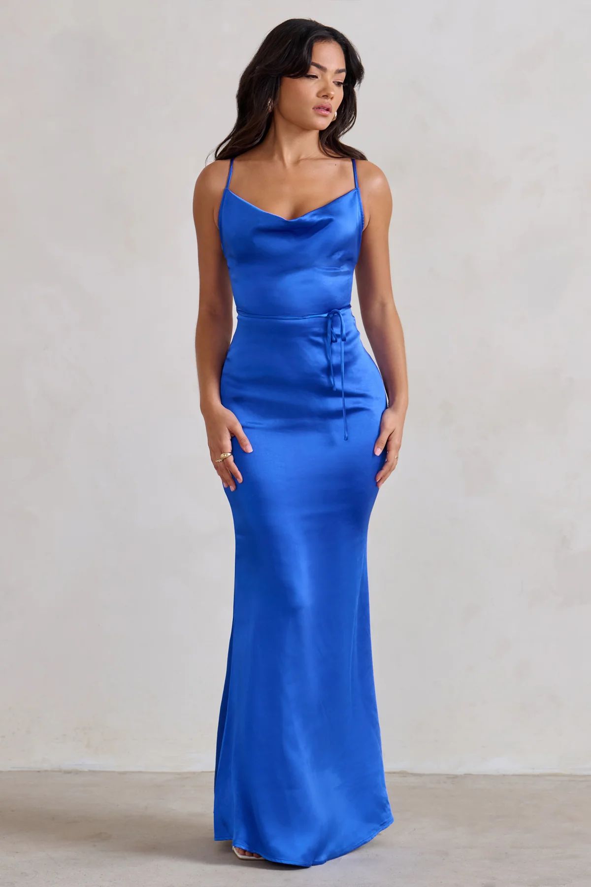 Lifetime | Cobalt Blue Satin Cowl Neck Maxi Dress With Cross Back Detail | Club L London