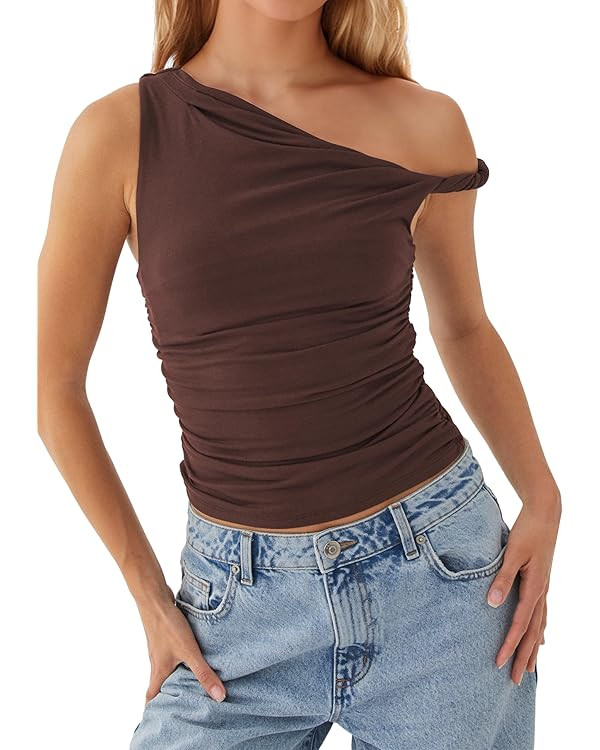 Ythomm Women One Shoulder Ruched Crop Tank Tops Casual Off The Shoulder Twist Strap Summer Tanks ... | Amazon (US)