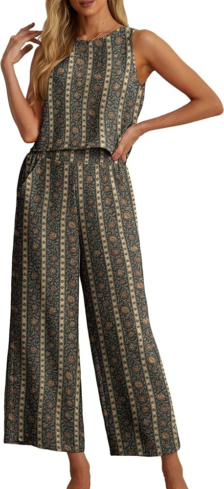 IWOLLENCE Women's Summer 2 Piece Outfits Set Round neck Sleeveless Tank Crop Top Wide Leg pants S... | Amazon (US)