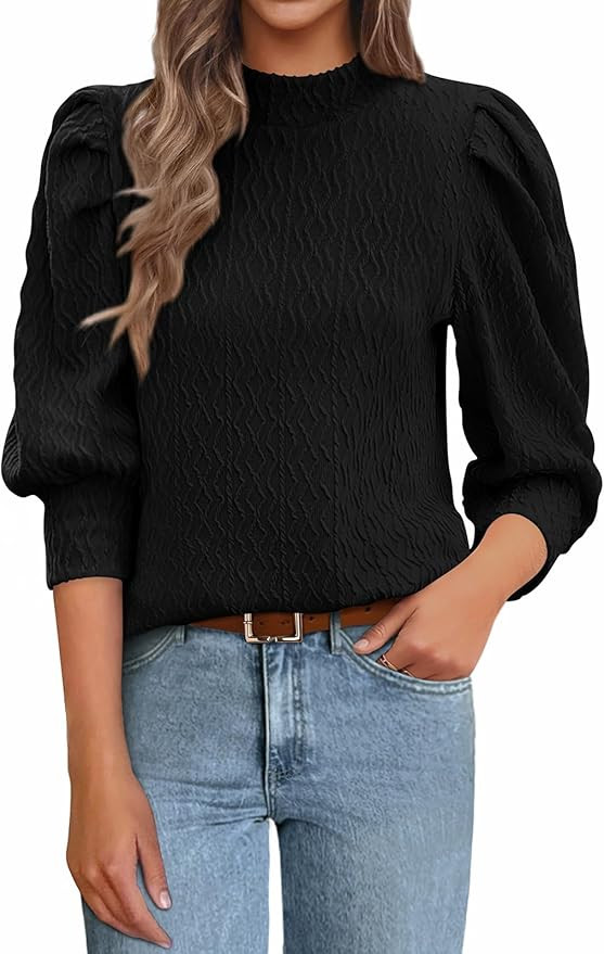 PRETTYGARDEN Summer Tops for Women 2025 Trendy Mock Neck Puff 3/4 Sleeve Texture Spring Blouse Dr... | Amazon (US)