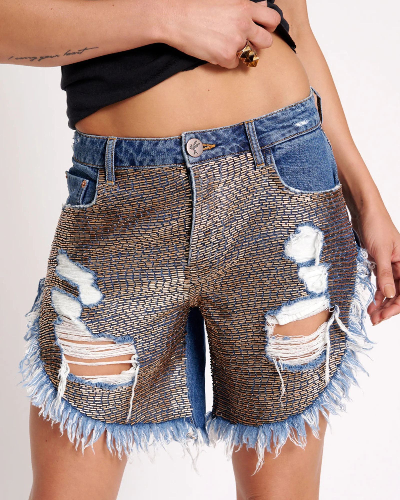Frankies Low Waist Long Length Denim Shorts - Embellished Blue | One Teaspoon | OneTeaspoon
