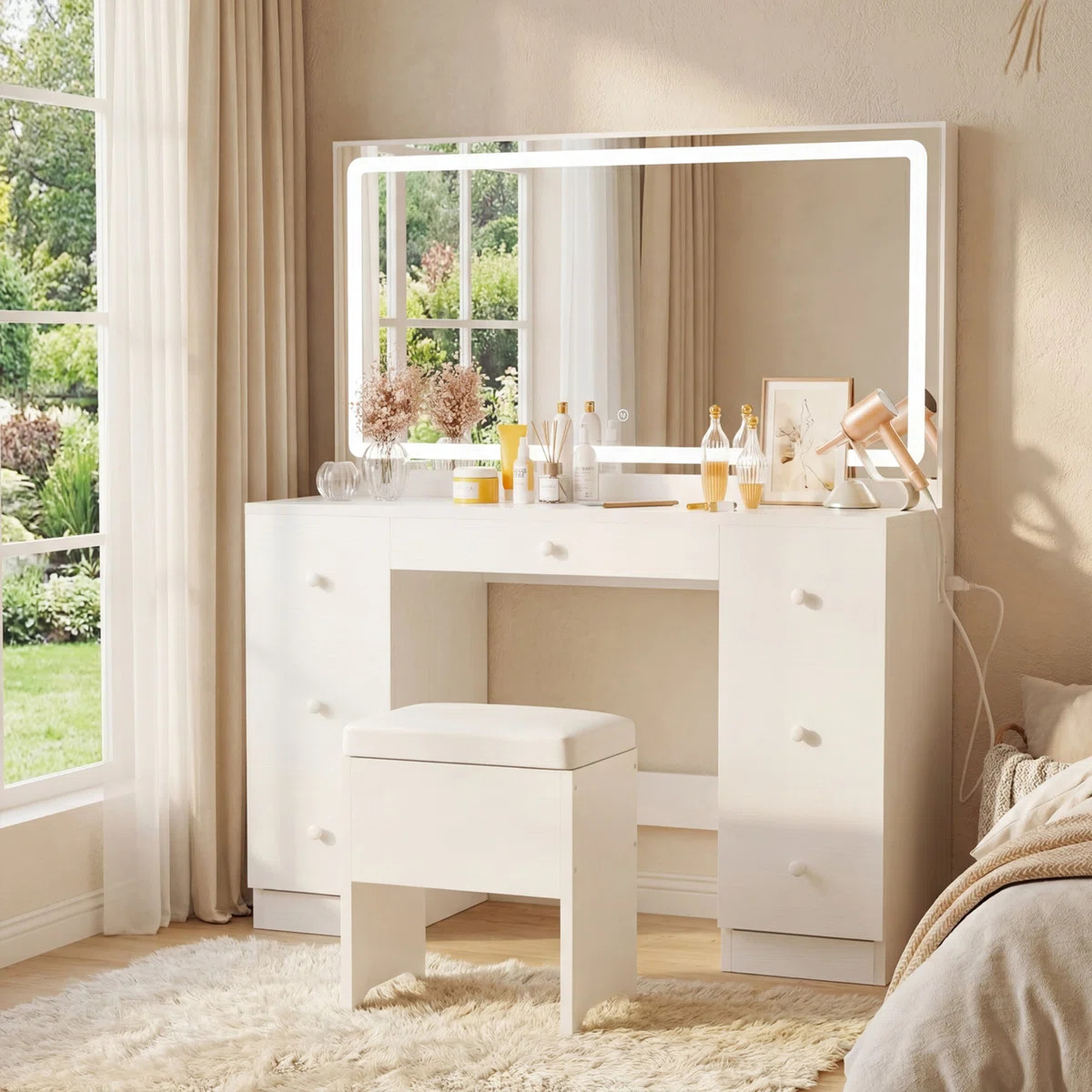 Makeup Vanity Desk with LED Lighted Mirror & Power Outlet & 7 Drawers | Wayfair North America