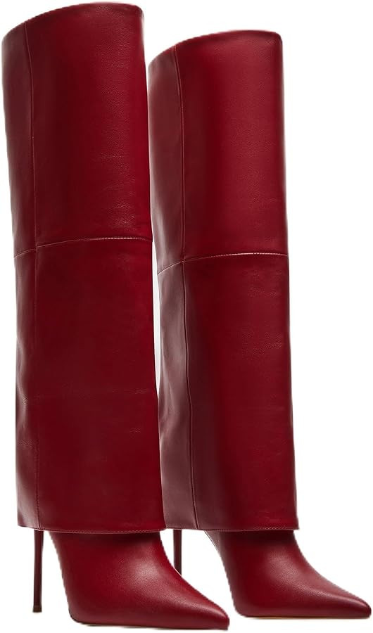 CNNOVALY Women's Vegan Leather Fold Knee High Boots Wide Calf Stiletto Heels Pull On Tall Boots P... | Amazon (US)