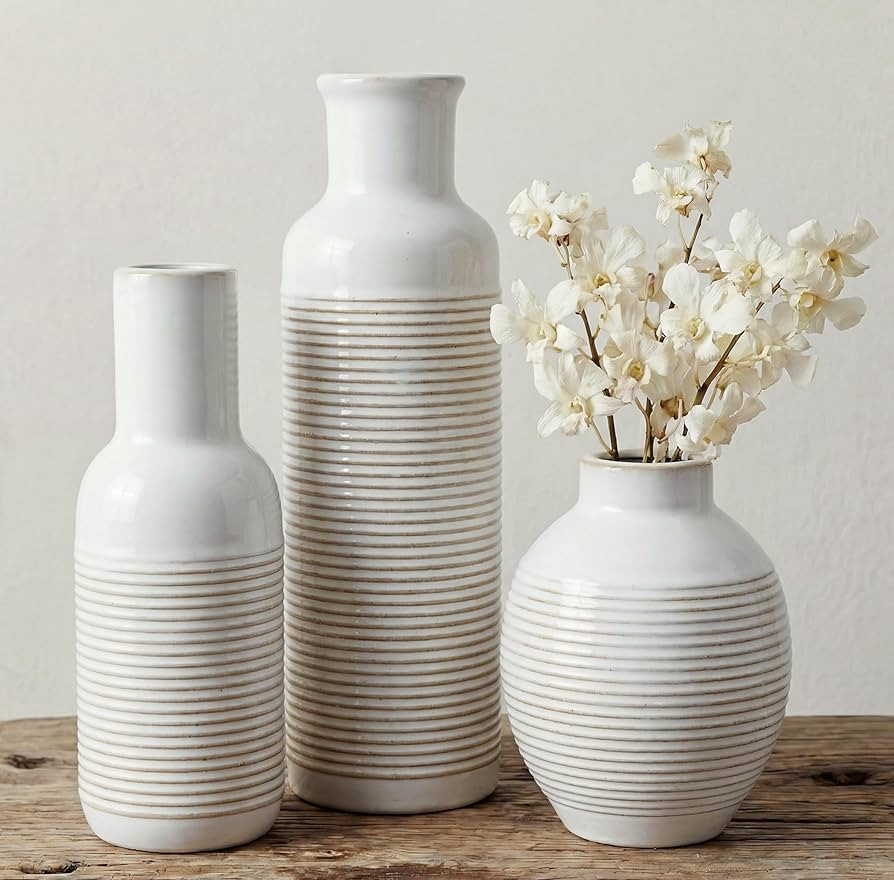 Rustic Farmhouse Vase Set of 3 - Ceramic Decorative Flowers Vases Home Decor - Pampas Grass Dried... | Amazon (US)