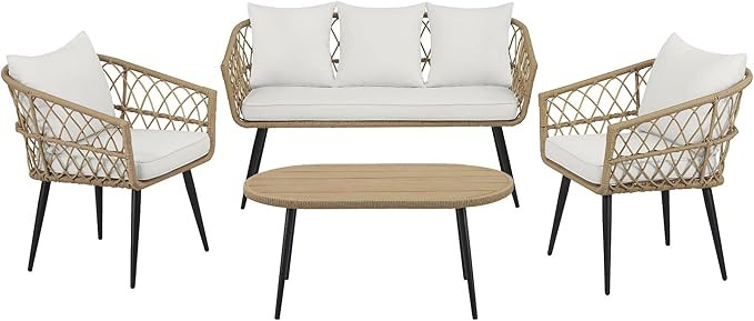 Quality Outdoor Living 29-YZ04HM Hermosa 4PC Conversation Set, Tan Wicker w/Black Aluminum and Of... | Amazon (US)