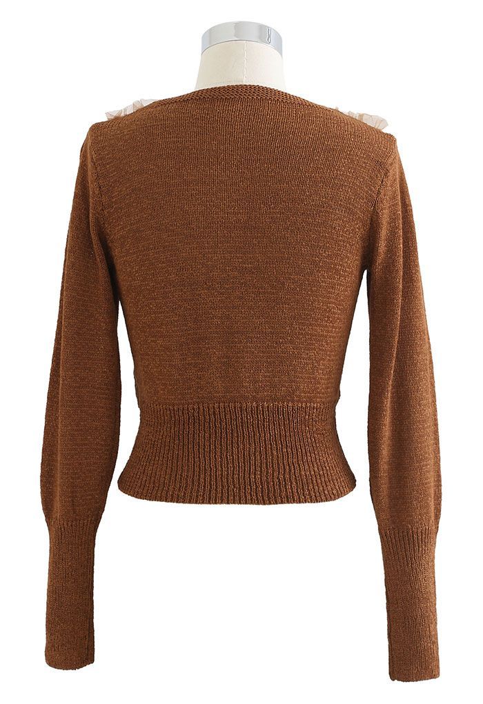Mesh Overlay Long Sleeve Wrap Crop Knit Top in Caramel | Chicwish