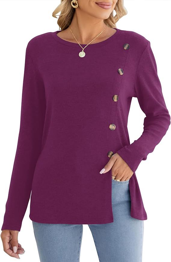 Micoson Women's Long Sleeve Shirt Casual Crewneck T-Shirt Dressy Side Split Tunic Tops Button Dec... | Amazon (US)